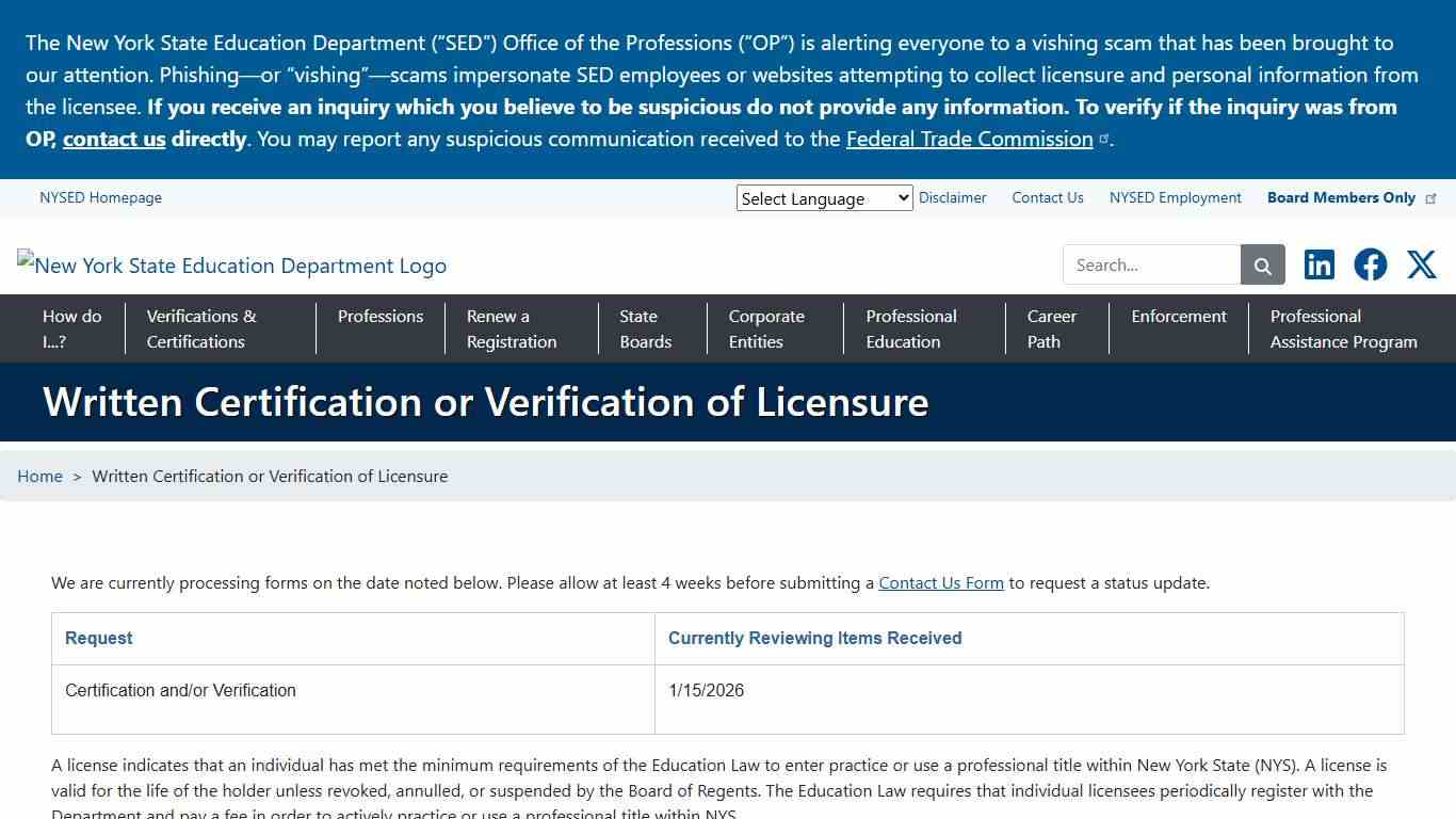 Written Certification or Verification of Licensure Office of the Professions